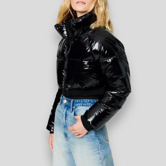 Blank NYC Jacket Women’s L Black Crop Puffer in Cold Lover Shine Nylon High Neck - Picture 1 of 15